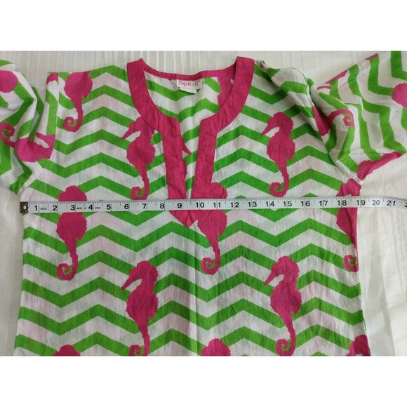 Womens Small Tunic Top Coverup Green Pink Seahorse Coastal Beach Resort Cruise - Picture 7 of 8